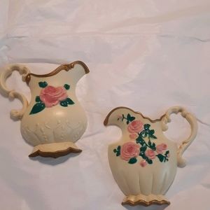 Vintage wall decor cream vase with pink rose and gold trim